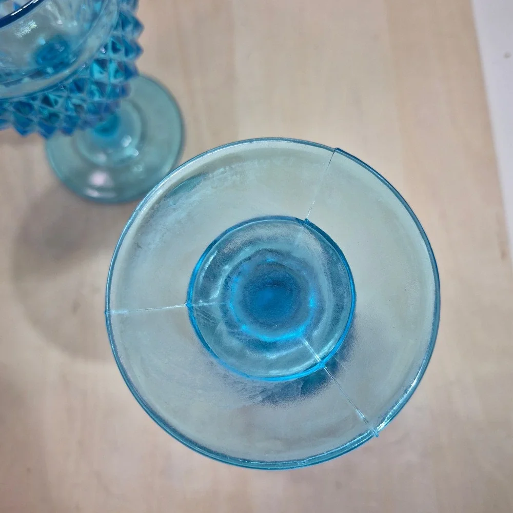 Vintage Blue Glass Goblets Diamond Point Pattern Water Wine Chalice Set of 2